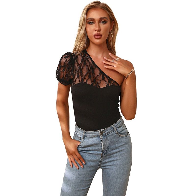 Black One Shoulder Lace Bodysuit - Elegant & Chic Top