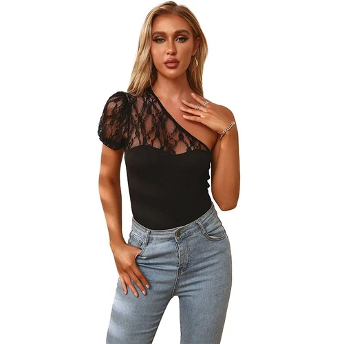 Black One Shoulder Lace Bodysuit - Elegant & Chic Top
