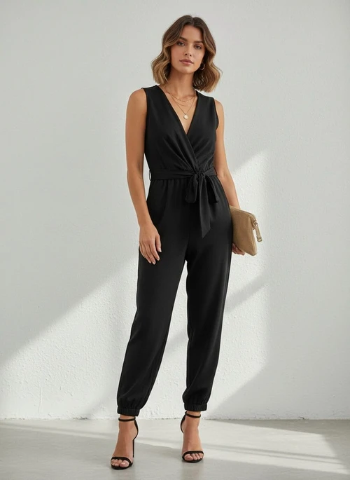 Women's Black Sleeveless V-Neck Tie-Waist Jumpsuit