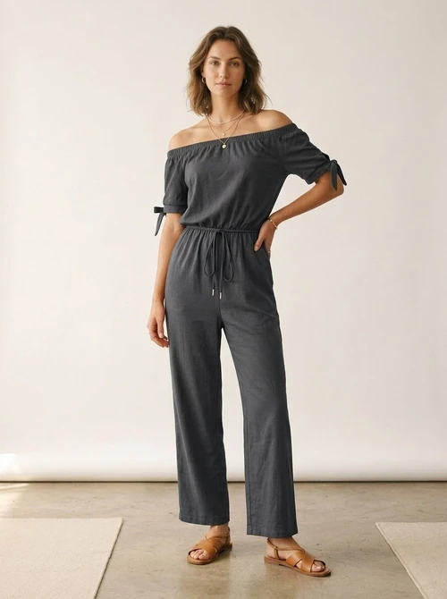 Women's Off Shoulder Drawstring Waist Jumpsuit