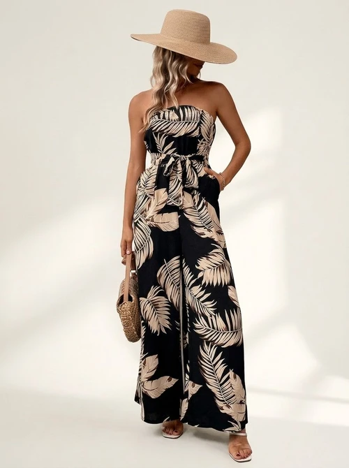 Strapless Tropical Print Wide Leg Jumpsuit