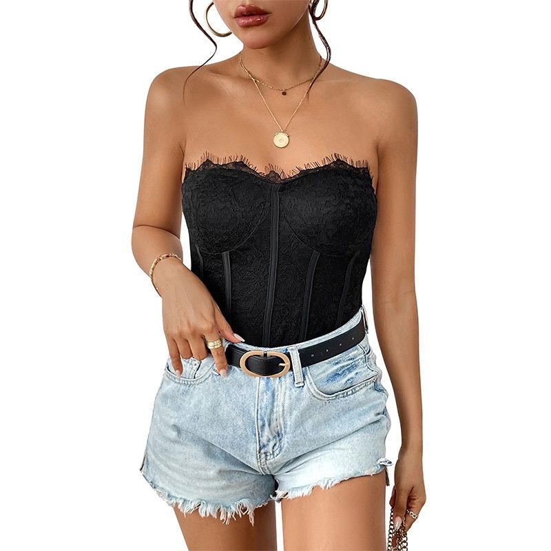 Black Lace Strapless Bodysuit Top - Corset Style