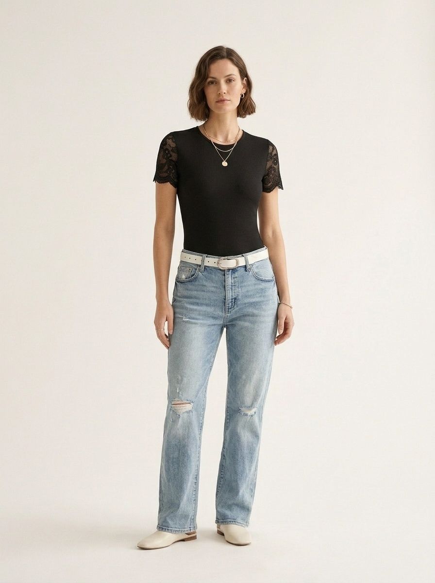 Women's Ribbed Knit Lace Sleeve Bodysuit