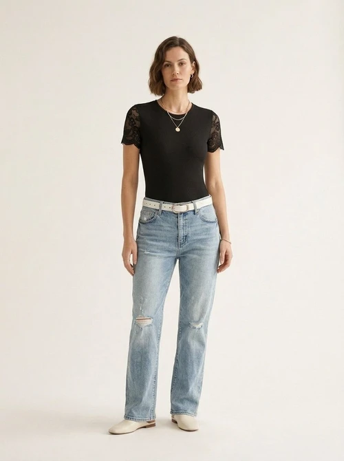 Women's Ribbed Knit Lace Sleeve Bodysuit