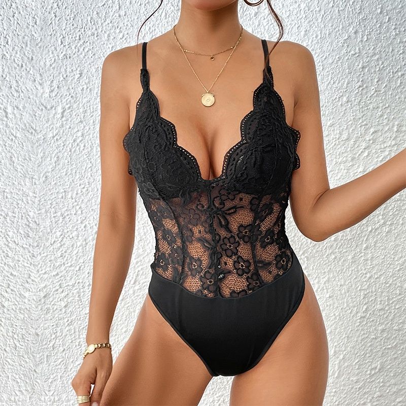 Black Scallop Lace Bodysuit - Elegant Floral Lingerie Top