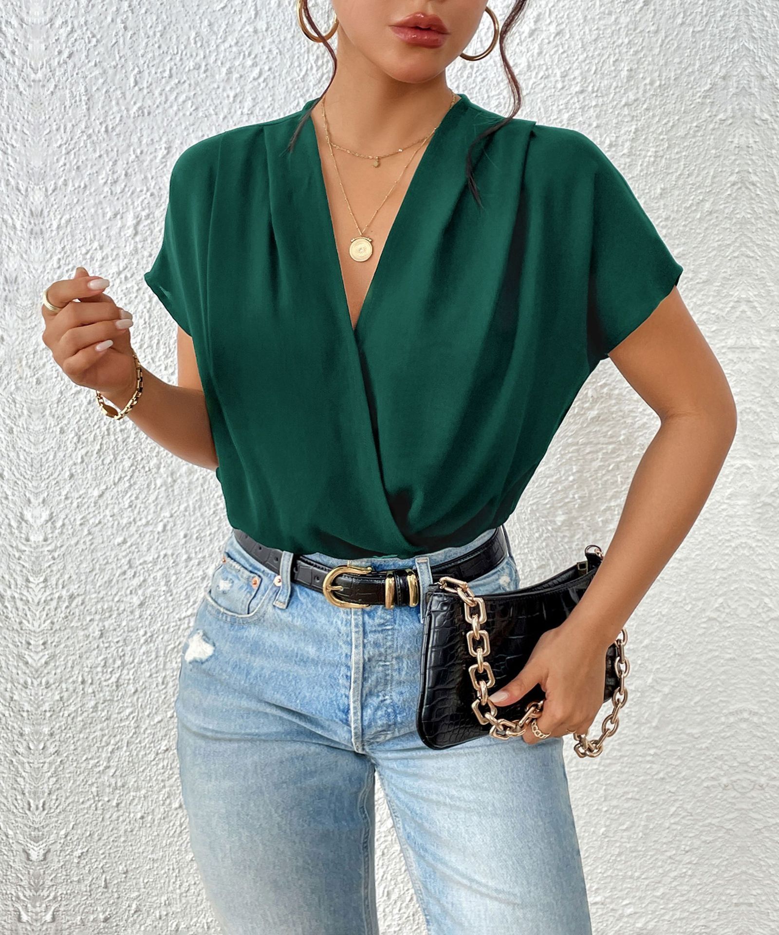 Women's V-Neck Wrap Bodysuit Blouse