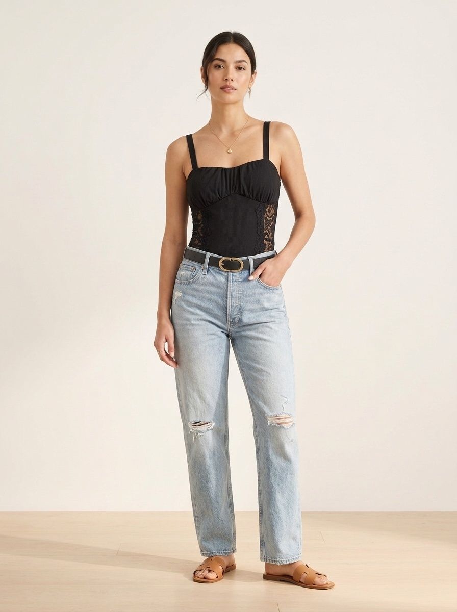 Black Ribbed Lace Panel Bodysuit - Sweetheart Neck