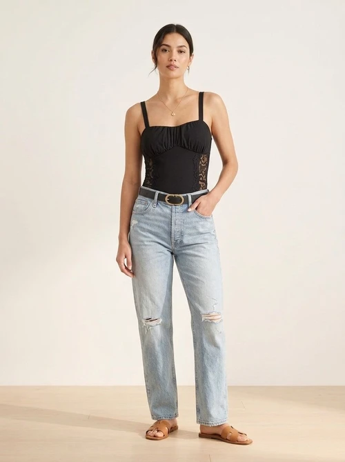 Black Ribbed Lace Panel Bodysuit - Sweetheart Neck