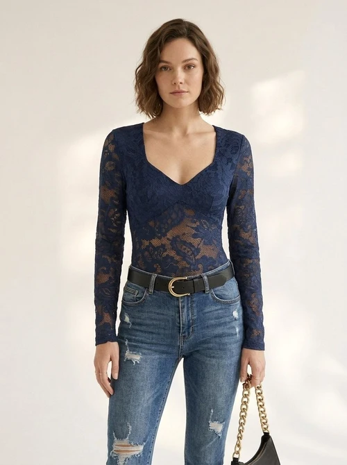 Body à manches longues et col en V en dentelle pour femme