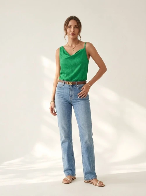 Green Cowl Neck Bodysuit - Sleeveless Textured Cami Top