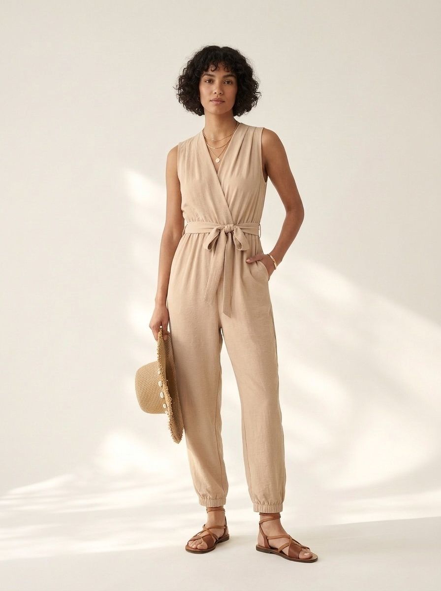 Women's Sleeveless V-Neck Tie Waist Jumpsuit