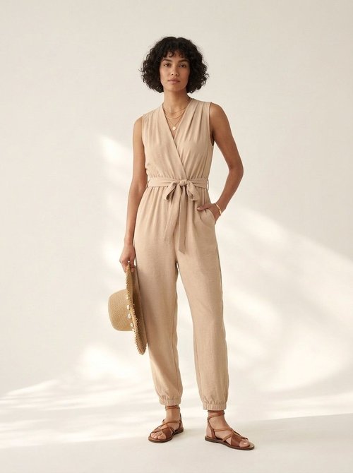 Combinaison sans manches pour femme, col en V et taille nouée