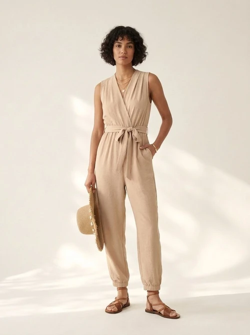 Women's Sleeveless V-Neck Tie Waist Jumpsuit