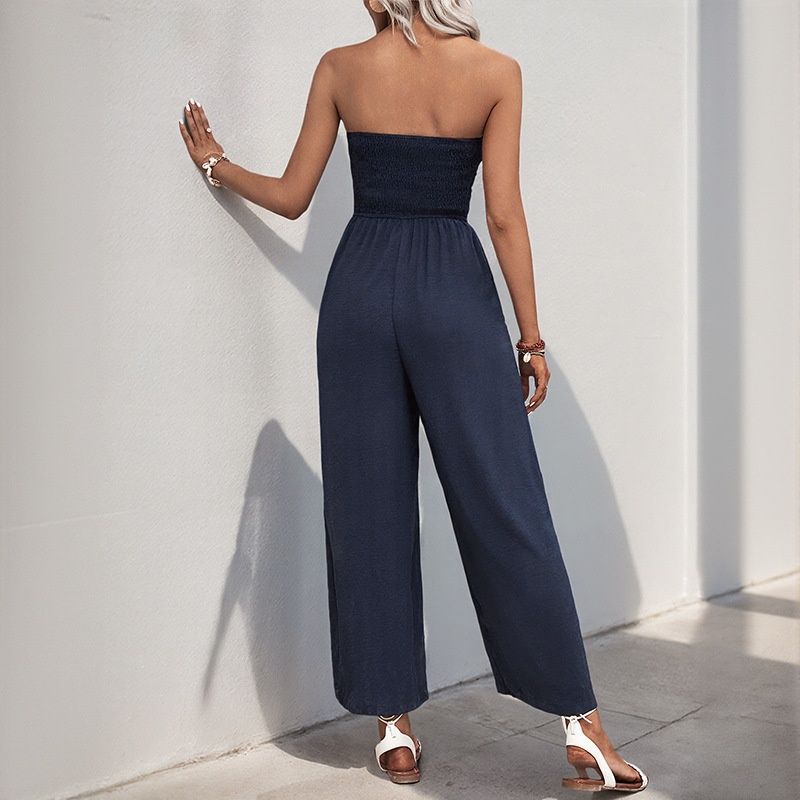 Mono azul marino sin tirantes de pierna ancha con lazo frontal