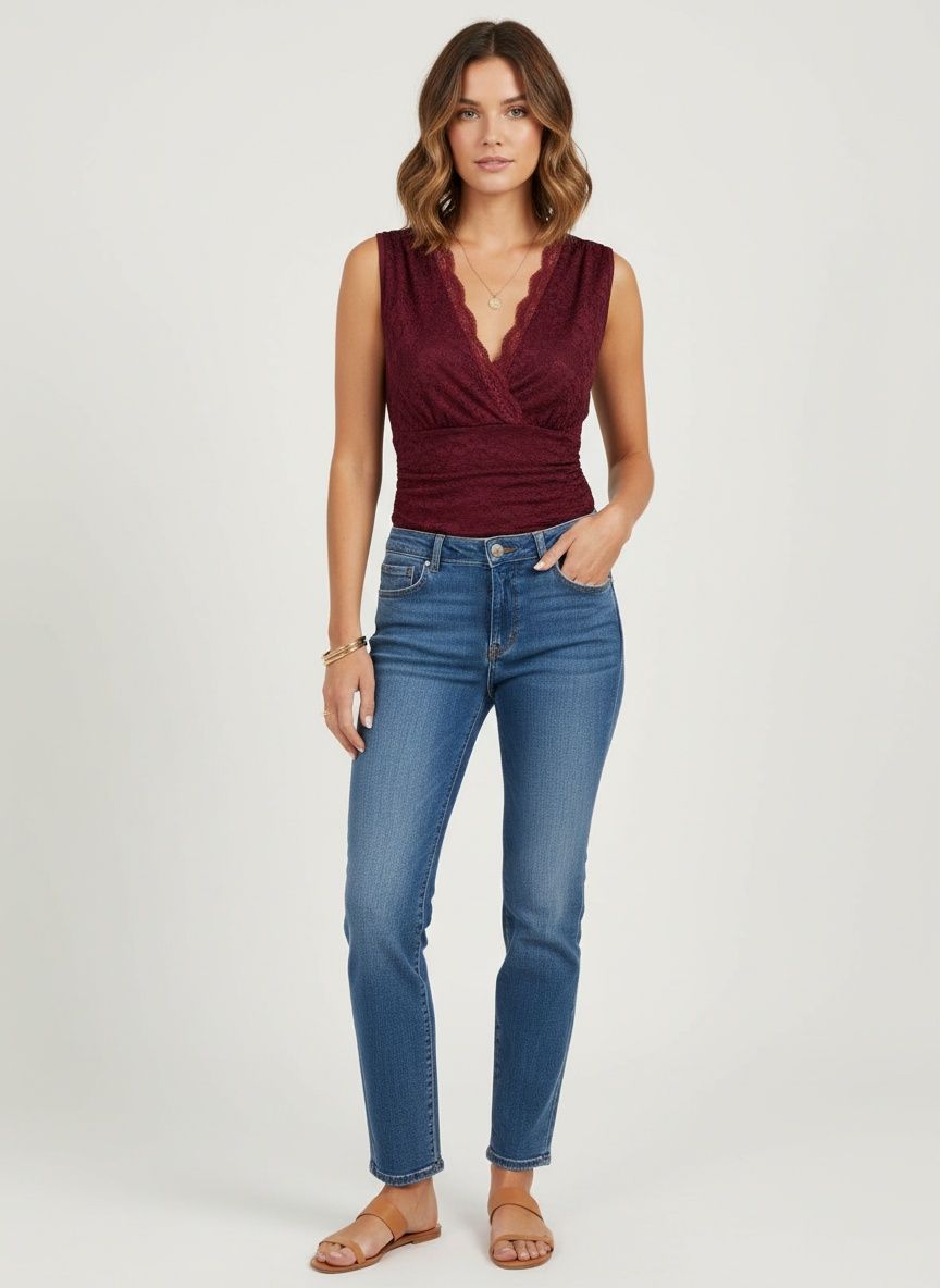 Body elegante sin mangas con escote en V y encaje.