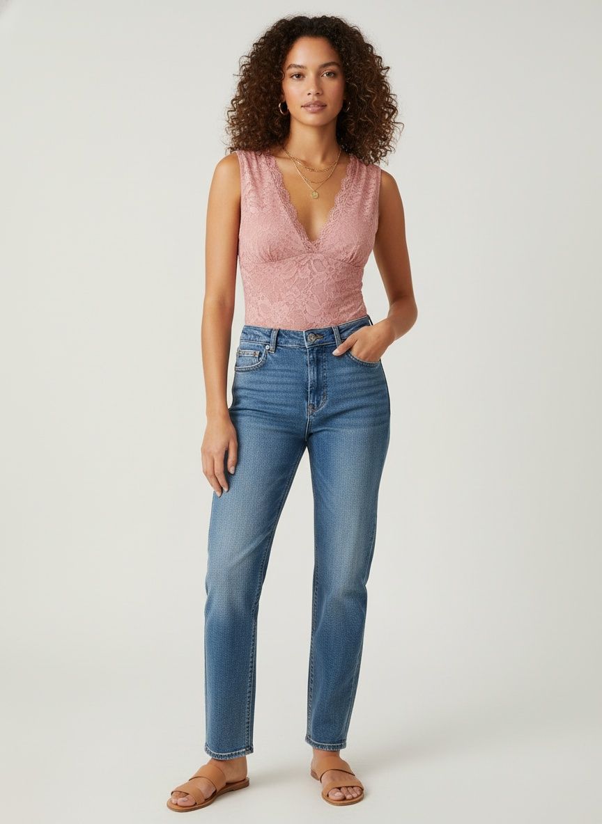 Body elegante sin mangas con escote en V y encaje.