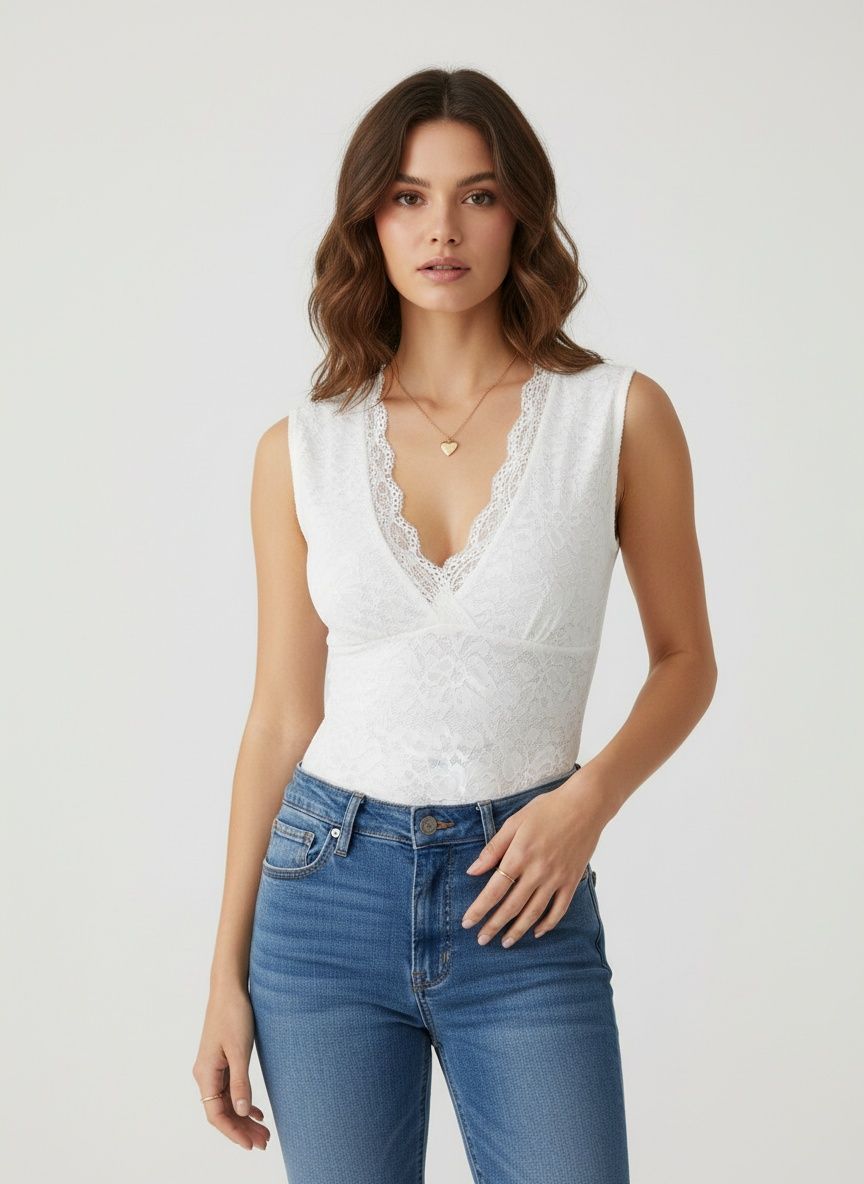 Body elegante sin mangas con escote en V y encaje.