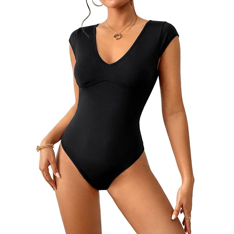 Body ajustado negro de manga corta con cuello en V