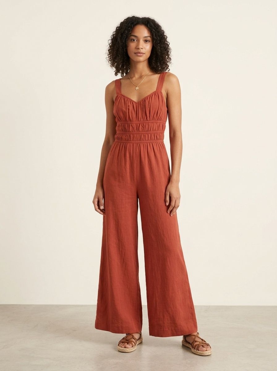 Combinaison pantalon large à smocks orange brûlé avec poches