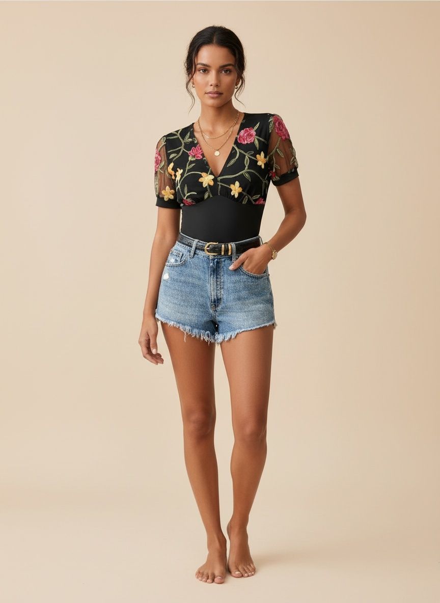 body à manches en résille brodées de fleurs