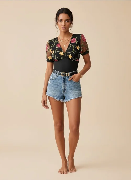 body à manches en résille brodées de fleurs