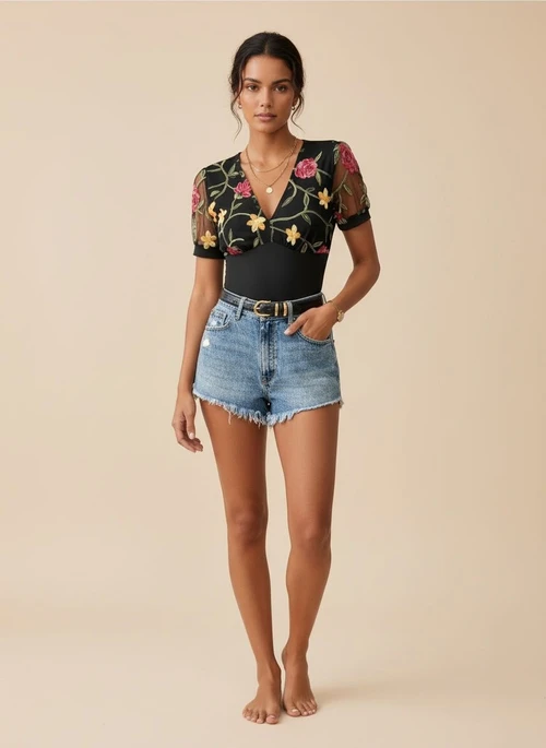 body à manches en résille brodées de fleurs