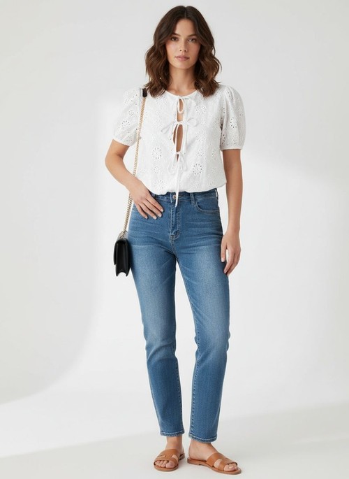 Haut blanc à œillets et manches bouffantes à nouer sur le devant