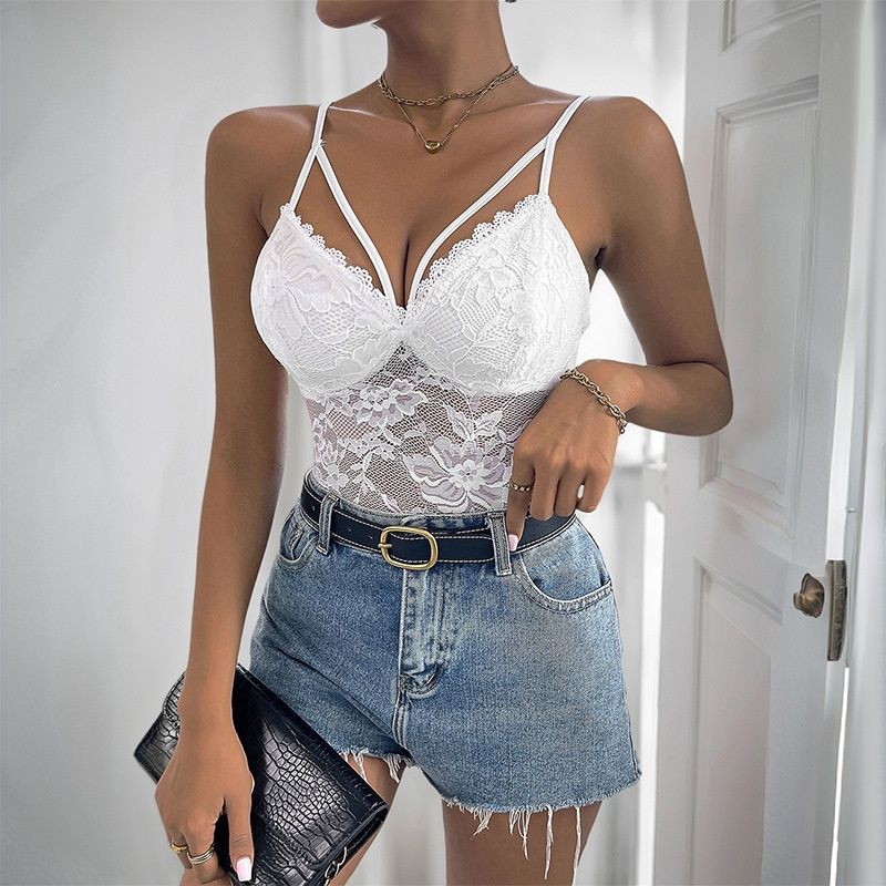Body de encaje blanco con tirantes cruzados - Top de lencería sexy