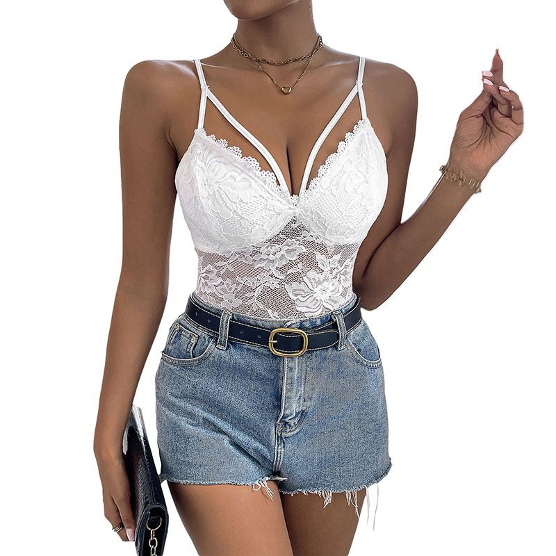 Body de encaje blanco con tirantes cruzados - Top de lencería sexy