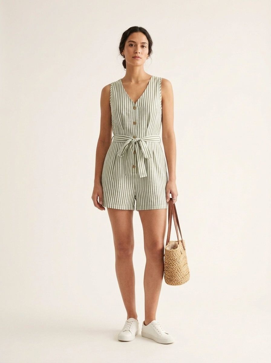 Mono corto sin mangas con cinturón y escote en V a rayas para mujer