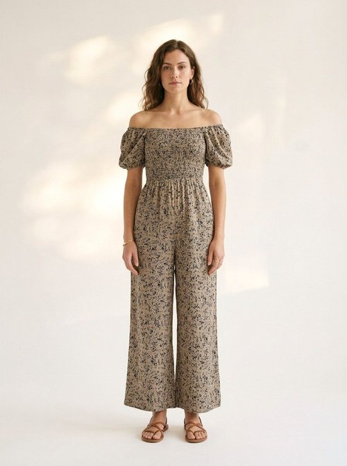 Combinaison pantalon large à smocks et imprimé floral pour femme