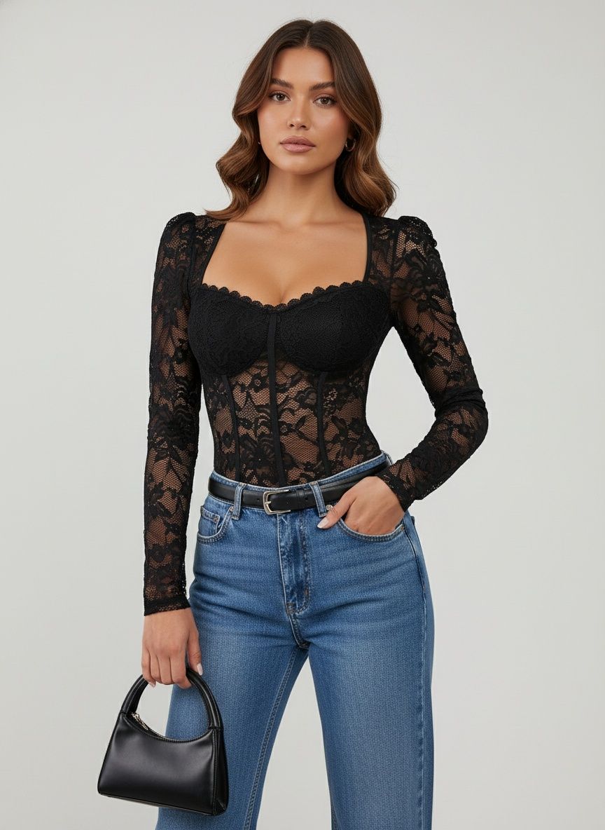 body corset en dentelle à col carré et manches bouffantes