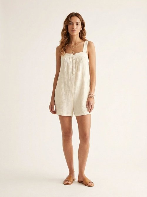 Combinaison-short boutonnée blanc cassé décontractée pour femme
