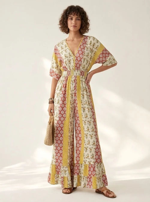 Combinaison pantalon large à imprimé floral bohème et taille smockée