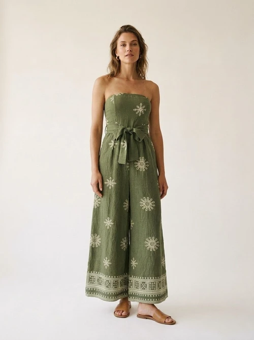 Combinaison bustier vert olive brodée à jambes larges