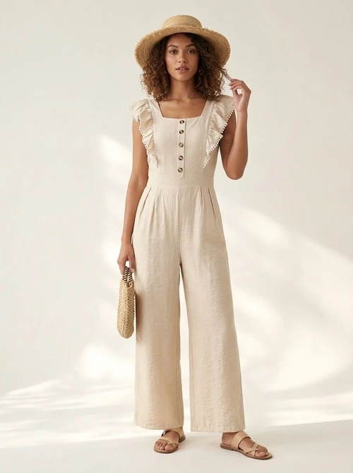 Combinaison chic à manches à volants, col carré et jambes larges - Beige