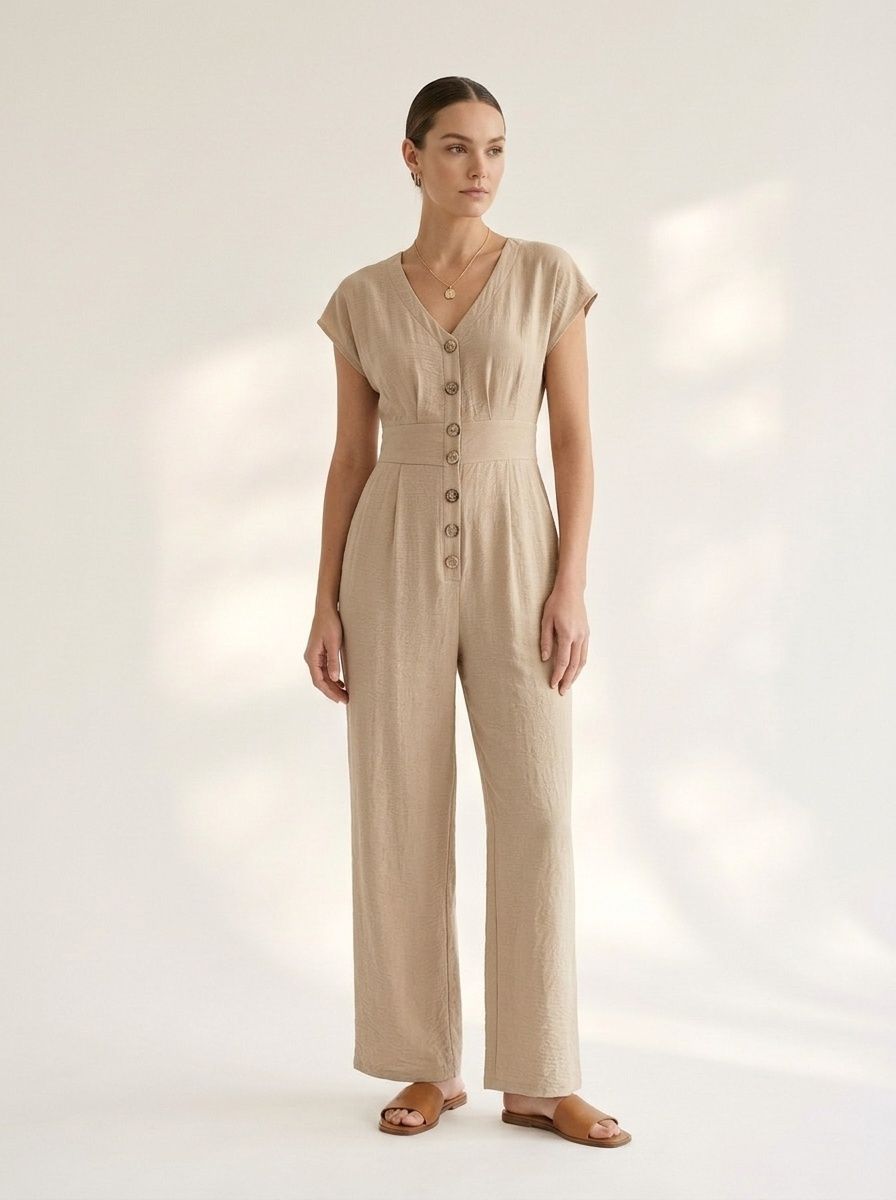 Combinaison pantalon large décontractée à boutons sur le devant pour femme