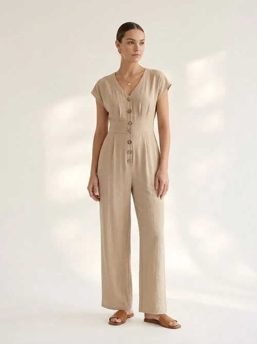 Combinaison pantalon large décontractée à boutons sur le devant pour femme