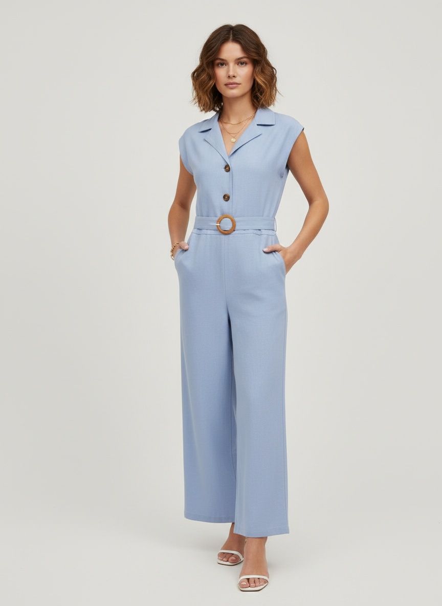 Combinaison bleu clair sans manches à col et ceinture