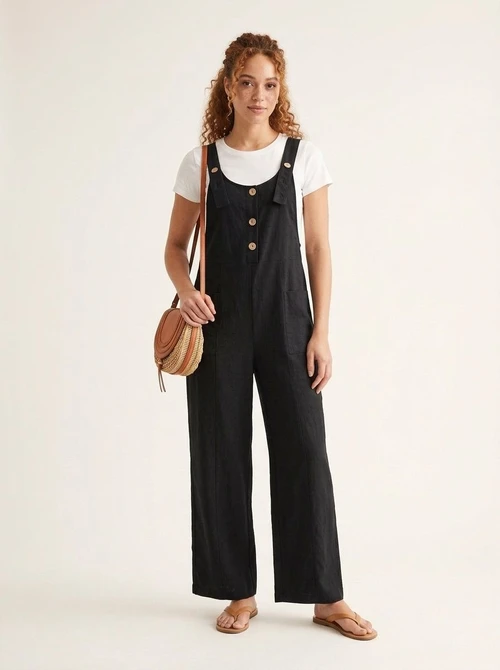Combinaison salopette noire décontractée pour femme, jambes larges