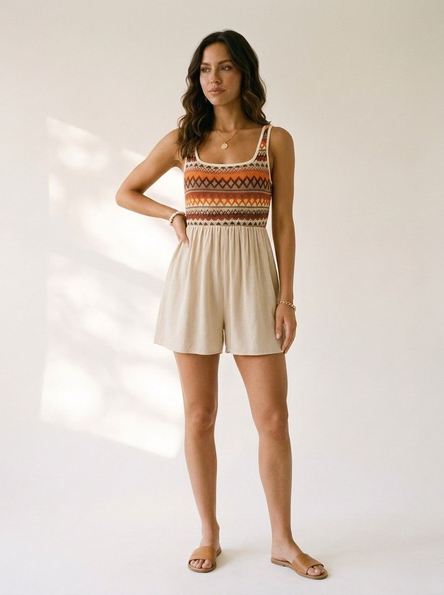 Combinaison bohème géométrique en maille - Combinaison à col carré