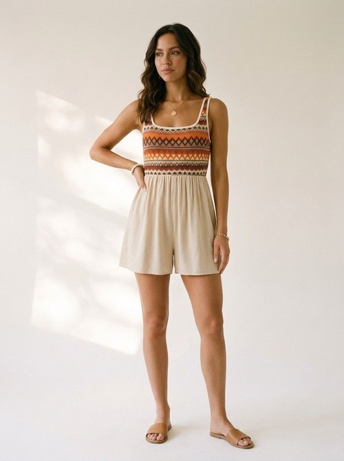 Combinaison bohème géométrique en maille - Combinaison à col carré