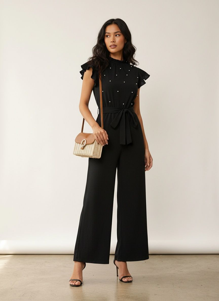 Combinaison à manches à volants et taille nouée ornée de perles noires