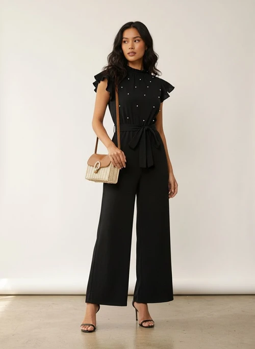 Combinaison à manches à volants et taille nouée ornée de perles noires
