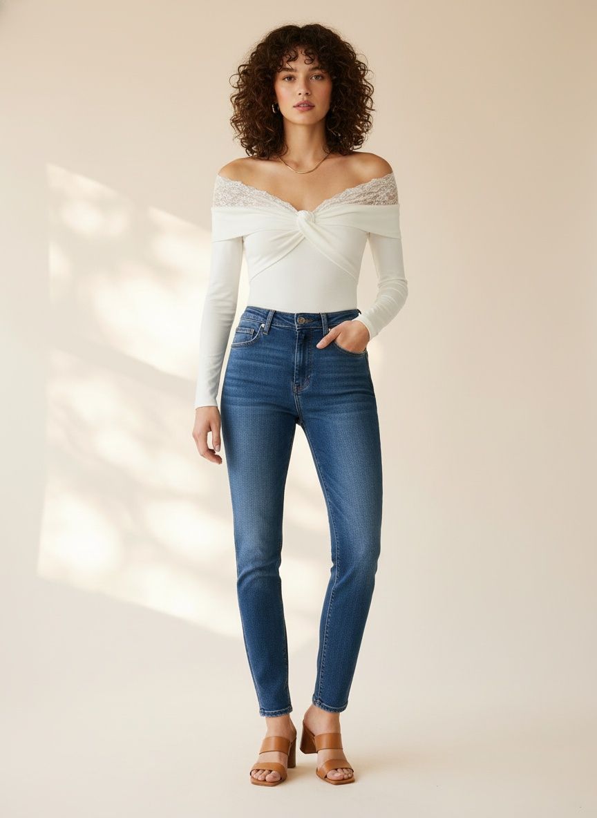 Body élégant en dentelle torsadée à épaules dénudées - Haut à manches longues