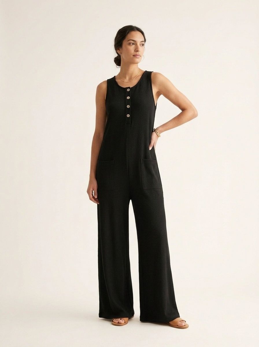 Combinaison-pantalon côtelée sans manches à jambes larges et poches pour femme