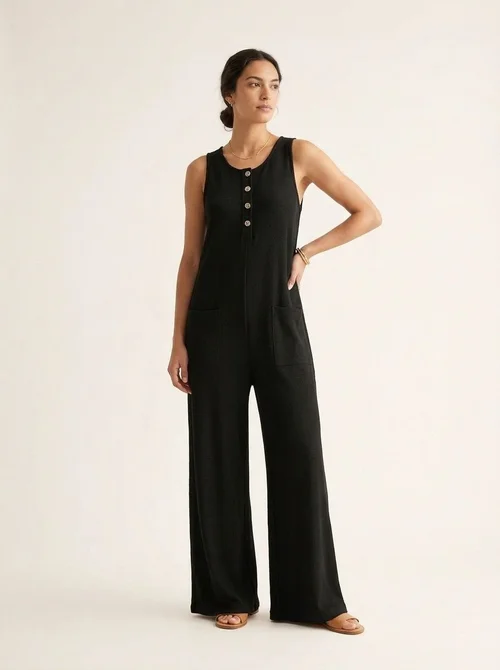 Combinaison-pantalon côtelée sans manches à jambes larges et poches pour femme
