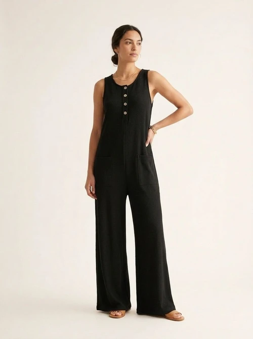 Combinaison-pantalon côtelée sans manches à jambes larges et poches pour femme