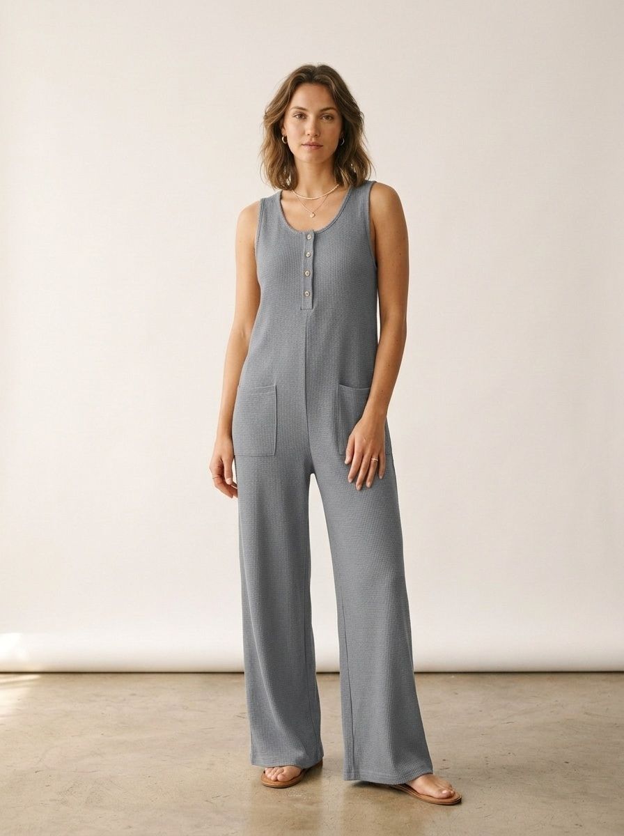 Mono de mujer sin mangas, de pierna ancha y con canalé, con bolsillos.