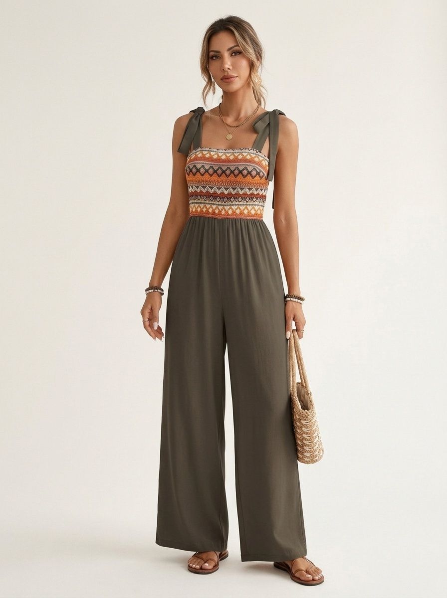 Mono bohemio con top estampado y tirantes anudados y pernera ancha